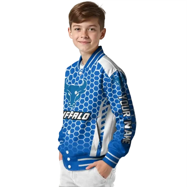 custom buffalo bulls hexagon grid royal blue varsity jacket trendy.webp