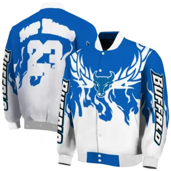 custom buffalo bulls winged blaze royal blue white varsity jacket fashion forward.webp