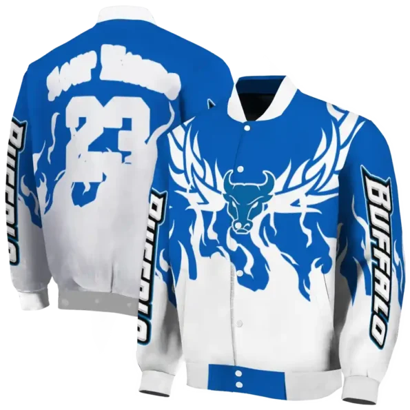 custom buffalo bulls winged blaze royal blue white varsity jacket fashion forward.webp