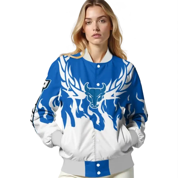 custom buffalo bulls winged blaze royal blue white varsity jacket latest model.webp