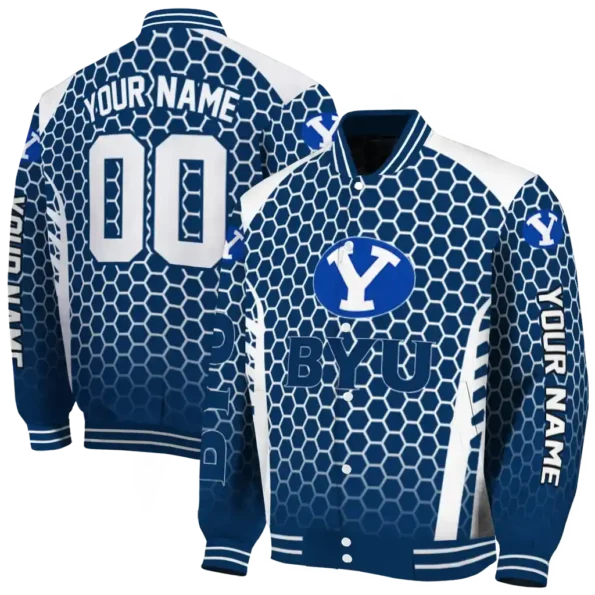 custom byu cougars hexagon grid blue varsity jacket fashion forward.webp