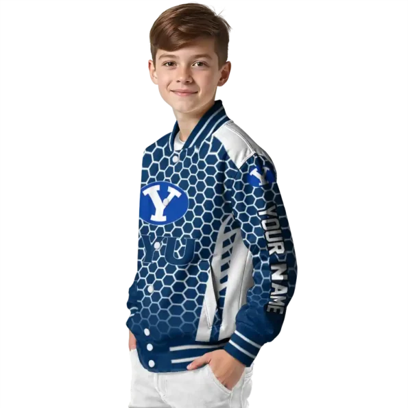 custom byu cougars hexagon grid blue varsity jacket trendy.webp