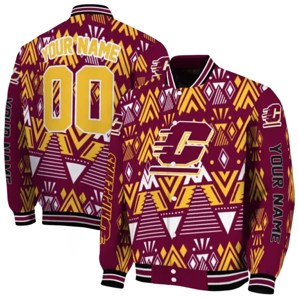 custom central michigan chippewas pyramid shapes maroon varsity jacket fashion forward.webp