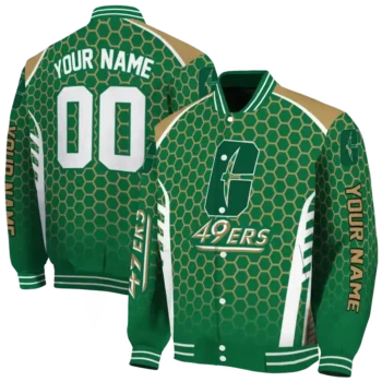 custom charlotte 49ers hexagon grid green varsity jacket fashion forward.webp