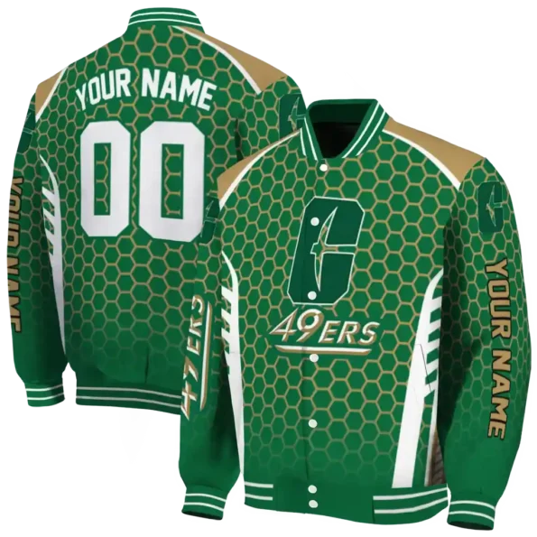 custom charlotte 49ers hexagon grid green varsity jacket fashion forward.webp