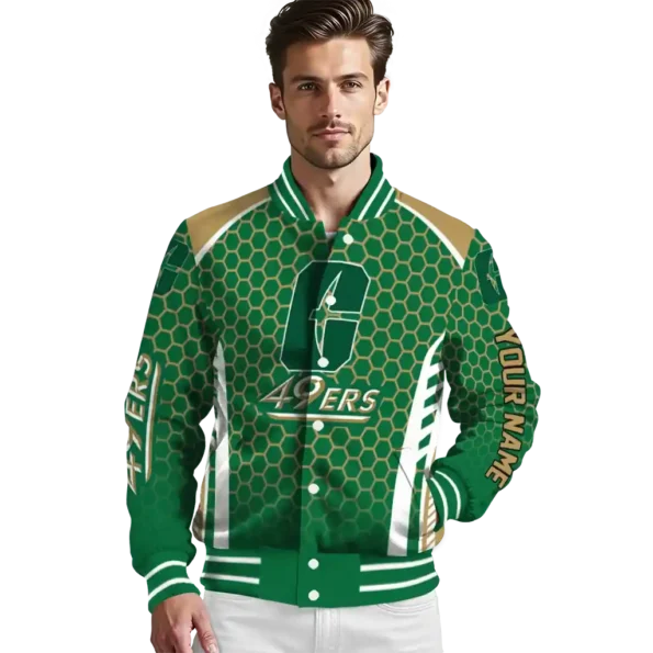 custom charlotte 49ers hexagon grid green varsity jacket high quality.webp