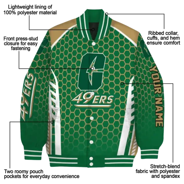 custom charlotte 49ers hexagon grid green varsity jacket new arrival.webp