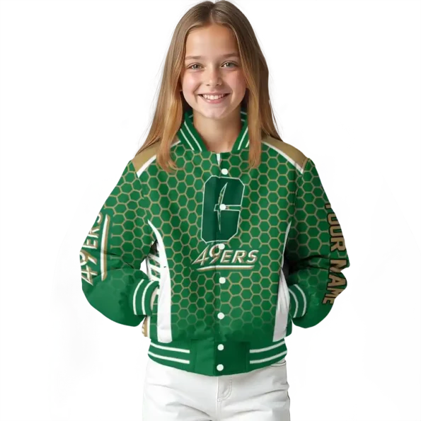 custom charlotte 49ers hexagon grid green varsity jacket top rated.webp