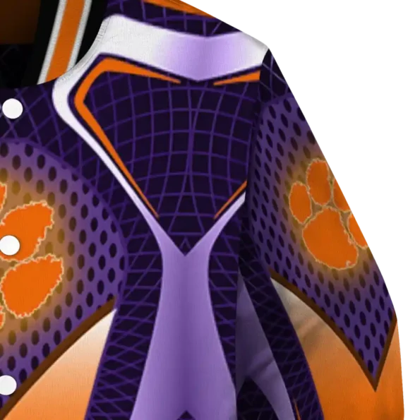custom clemson tigers mesh chest purple black varsity jacket premium grade.webp