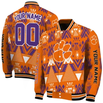 custom clemson tigers pyramid shapes orange varsity jacket fashion forward.webp