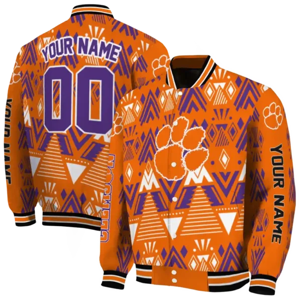 custom clemson tigers pyramid shapes orange varsity jacket fashion forward.webp