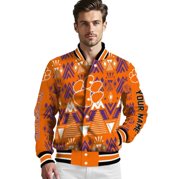 custom clemson tigers pyramid shapes orange varsity jacket high quality.webp
