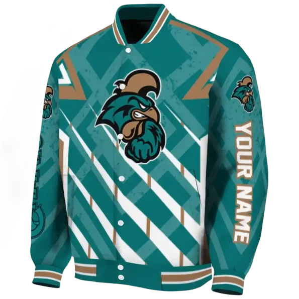 custom coastal carolina chanticleers chevron angles green varsity jacket best selling.webp