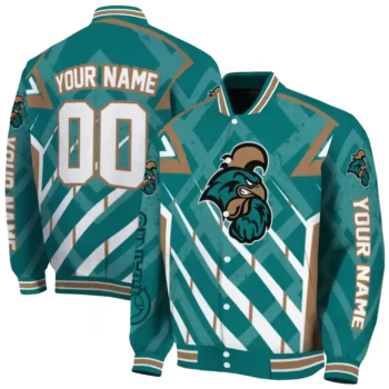custom coastal carolina chanticleers chevron angles green varsity jacket fashion forward.webp