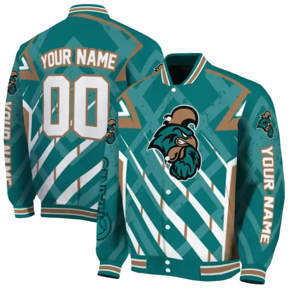 custom coastal carolina chanticleers chevron angles green varsity jacket fashion forward.webp