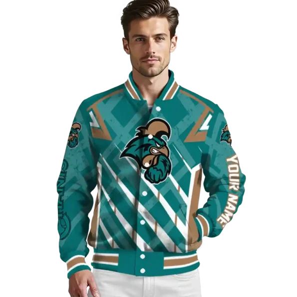 custom coastal carolina chanticleers chevron angles green varsity jacket high quality.webp