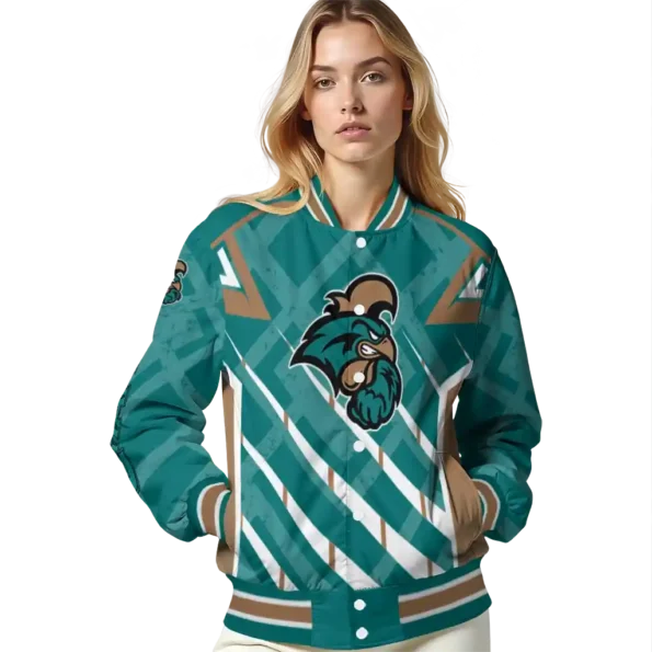 custom coastal carolina chanticleers chevron angles green varsity jacket latest model.webp