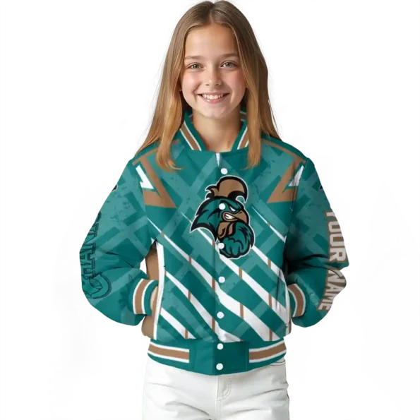 custom coastal carolina chanticleers chevron angles green varsity jacket top rated.webp