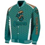 custom coastal carolina chanticleers hexagon grid green varsity jacket best selling.webp