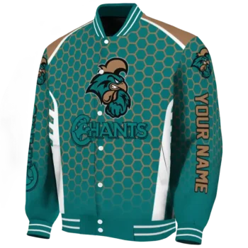 custom coastal carolina chanticleers hexagon grid green varsity jacket best selling.webp