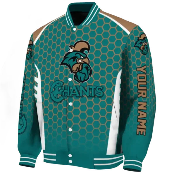 custom coastal carolina chanticleers hexagon grid green varsity jacket best selling.webp