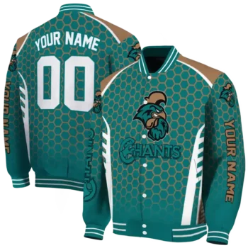 custom coastal carolina chanticleers hexagon grid green varsity jacket fashion forward.webp