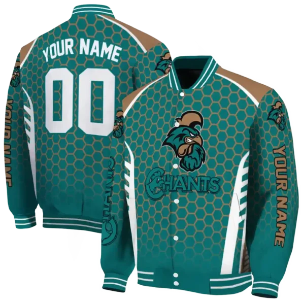 custom coastal carolina chanticleers hexagon grid green varsity jacket fashion forward.webp