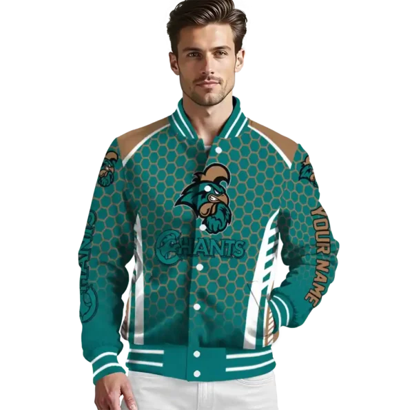 custom coastal carolina chanticleers hexagon grid green varsity jacket high quality.webp