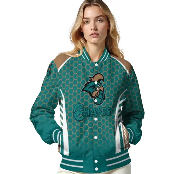 custom coastal carolina chanticleers hexagon grid green varsity jacket latest model.webp