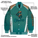 custom coastal carolina chanticleers hexagon grid green varsity jacket best selling.webp