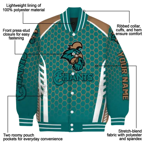 custom coastal carolina chanticleers hexagon grid green varsity jacket new arrival.webp