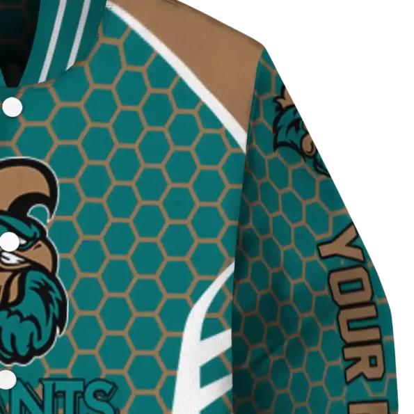 custom coastal carolina chanticleers hexagon grid green varsity jacket premium grade.webp