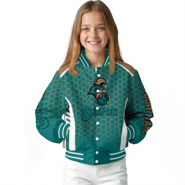 custom coastal carolina chanticleers hexagon grid green varsity jacket top rated.webp