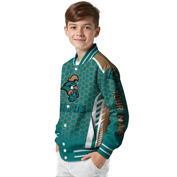 custom coastal carolina chanticleers hexagon grid green varsity jacket trendy.webp