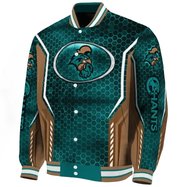 custom coastal carolina chanticleers power plate green varsity jacket best selling.webp
