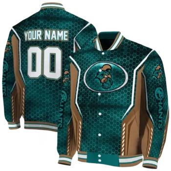custom coastal carolina chanticleers power plate green varsity jacket fashion forward.webp