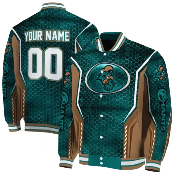 custom coastal carolina chanticleers power plate green varsity jacket fashion forward.webp