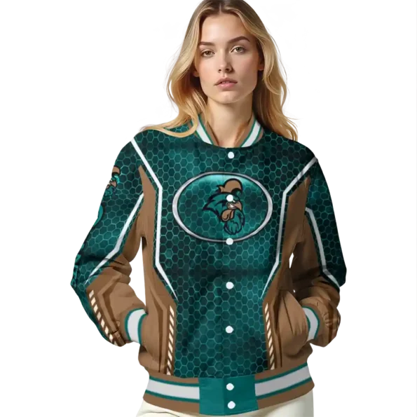custom coastal carolina chanticleers power plate green varsity jacket latest model.webp