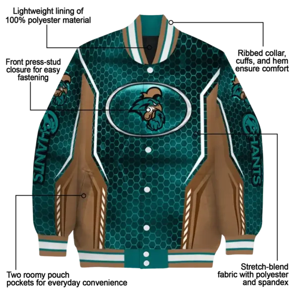 custom coastal carolina chanticleers power plate green varsity jacket new arrival.webp