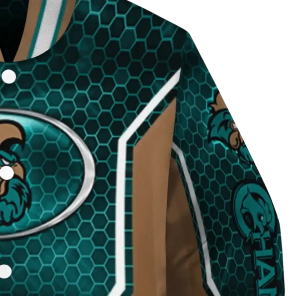 custom coastal carolina chanticleers power plate green varsity jacket premium grade.webp