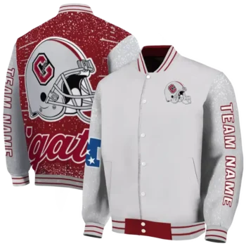 custom colgate raiders speckled arms maroon gray varsity jacket fashion forward.webp