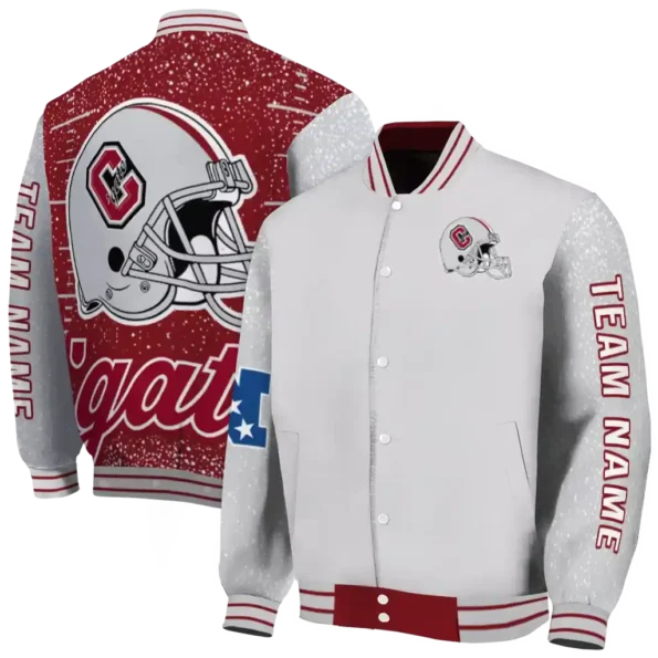 custom colgate raiders speckled arms maroon gray varsity jacket fashion forward.webp