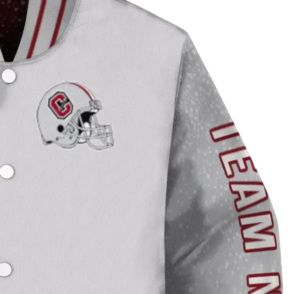 custom colgate raiders speckled arms maroon gray varsity jacket premium grade.webp