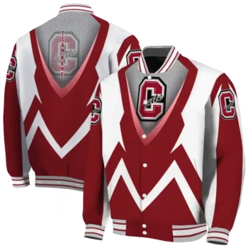 custom colgate raiders v stripes maroon white varsity jacket fashion forward.webp