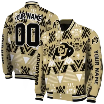 custom colorado buffaloes pyramid shapes gold varsity jacket fashion forward.webp