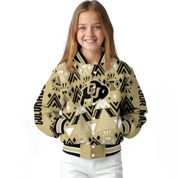 custom colorado buffaloes pyramid shapes gold varsity jacket top rated.webp