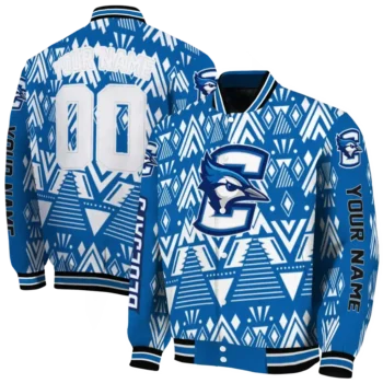custom creighton bluejays pyramid shapes blue varsity jacket fashion forward.webp
