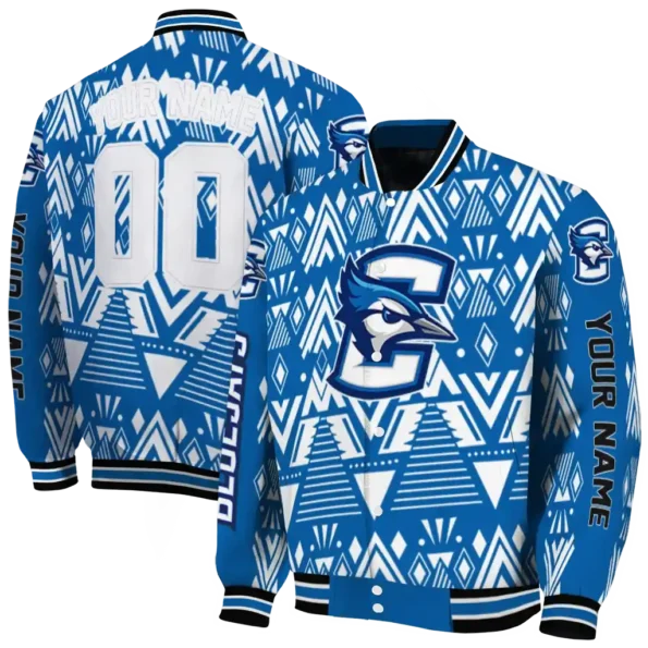 custom creighton bluejays pyramid shapes blue varsity jacket fashion forward.webp