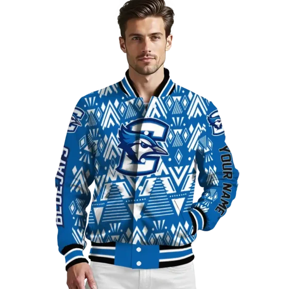 custom creighton bluejays pyramid shapes blue varsity jacket high quality.webp