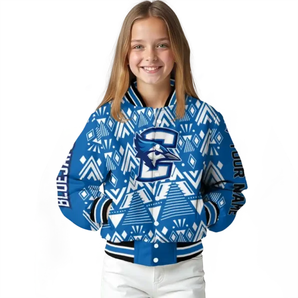custom creighton bluejays pyramid shapes blue varsity jacket top rated.webp